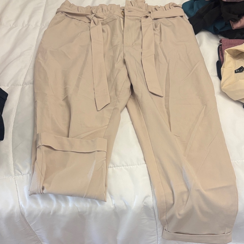 Beige Paperbag Waist Pants